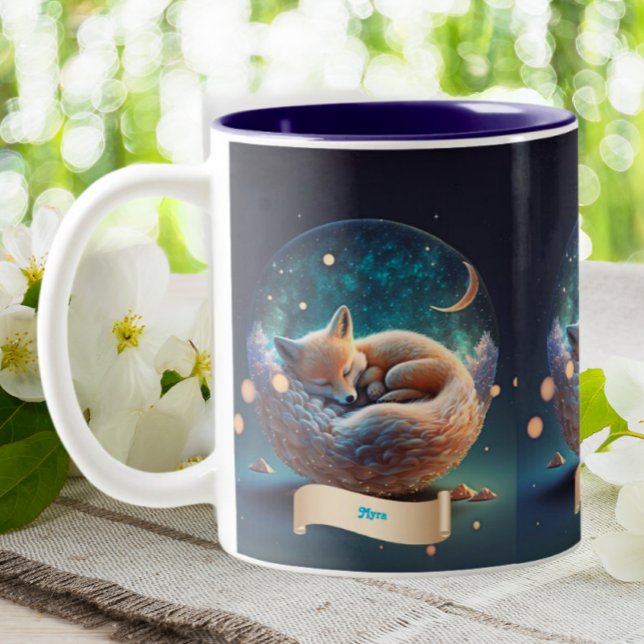 Cute Fox Sleeping in Globe Stars Moon Personalized Two-Tone Coffee Mug (Creator Uploaded)