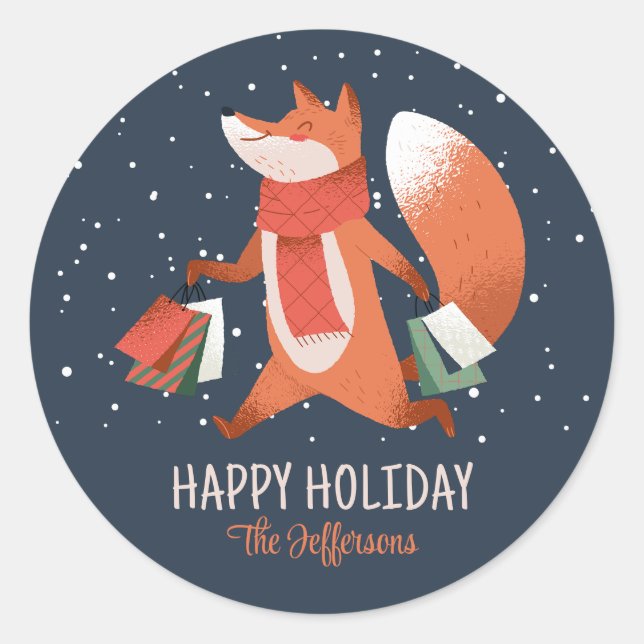 Cute Fox Snowy Winter Holiday Christmas Classic Round Sticker (Front)