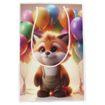 Cute fox surrounded by colourful balloons.