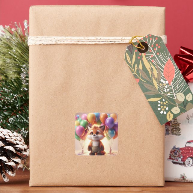 Cute fox surrounded by colourful balloons. square sticker (Holiday)