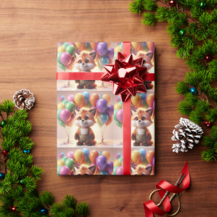 Cute fox surrounded by colourful balloons. wrapping paper