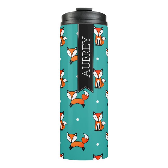 Cute Fox & Teal White Polka Dots Personalized Thermal Tumbler (Front)