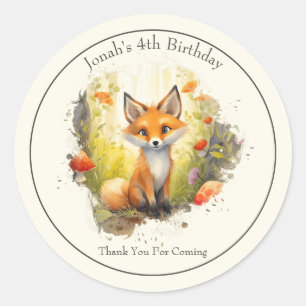 Cute Fox "Thank You" Birthday Favour Round Sticker