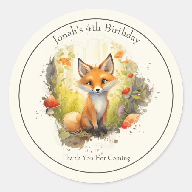 Cute Fox "Thank You" Birthday Favour Round Sticker (Front)