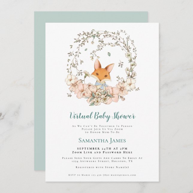 Cute Fox Vintage Foliage Virtual Baby Shower Invitation (Front/Back)