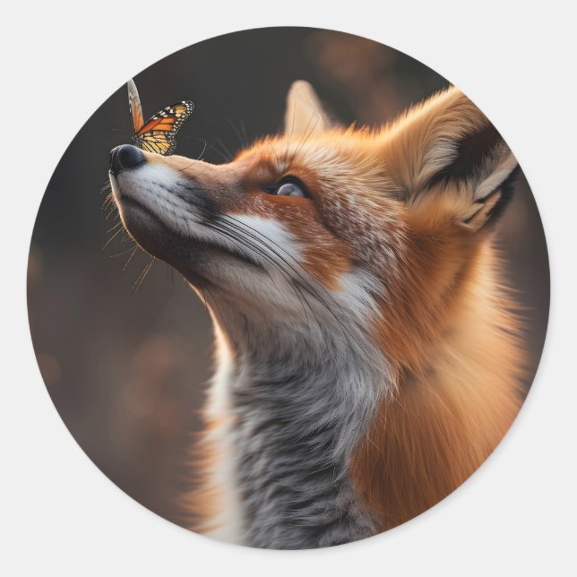 Cute fox with a butterfly sitting on its nose classic round sticker (Front)