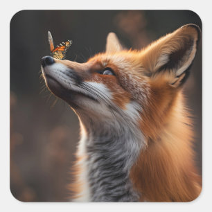 Cute fox with a butterfly sitting on its nose square sticker