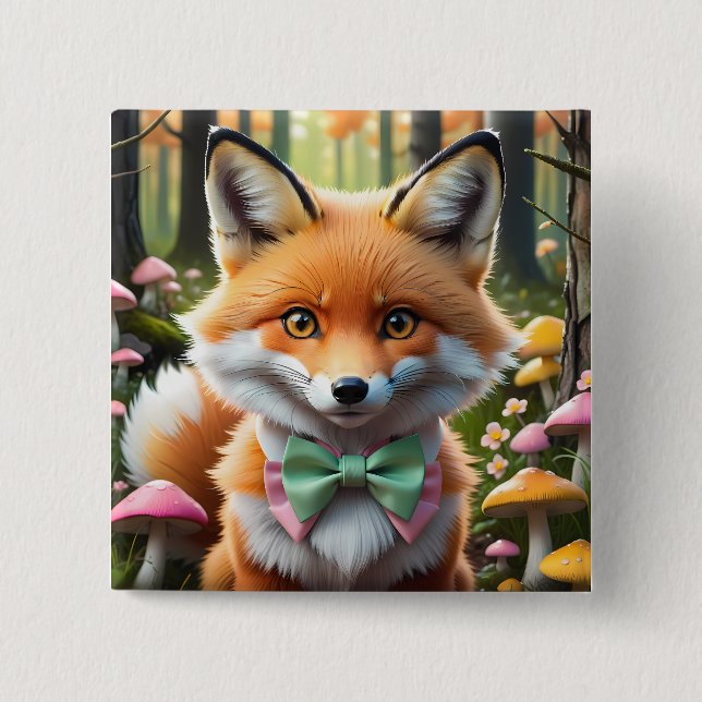 Cute Fox with a Green and Pink bow 2 Inch Square Button (Front)