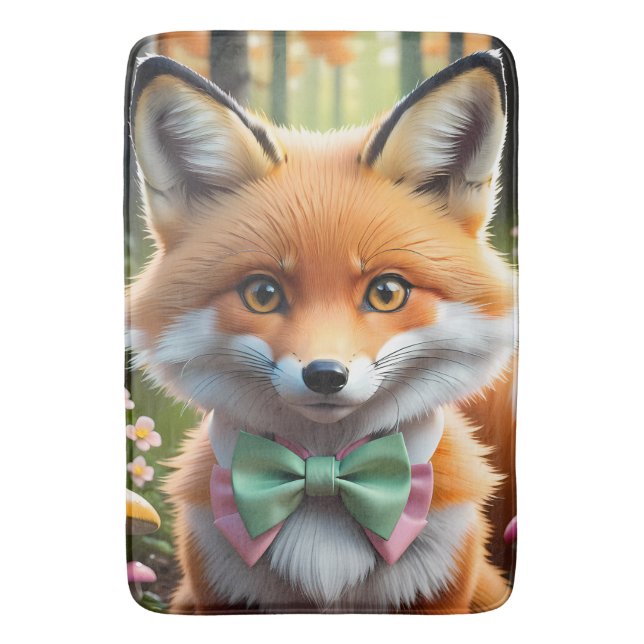Cute Fox with a Green and Pink bow Bath Mat (Front Vertical)