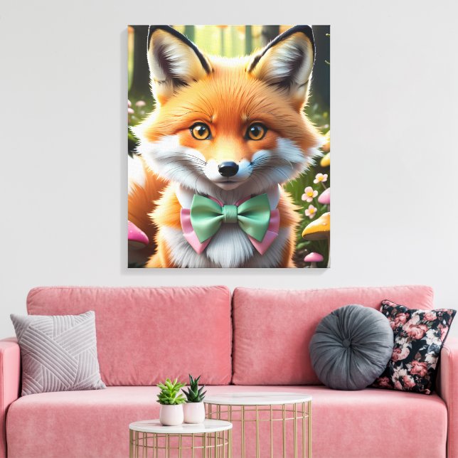 Cute Fox with a Green and Pink bow Canvas Print (Insitu(LivingRoom))