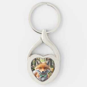 Cute Fox with a Green and Pink bow Keychain