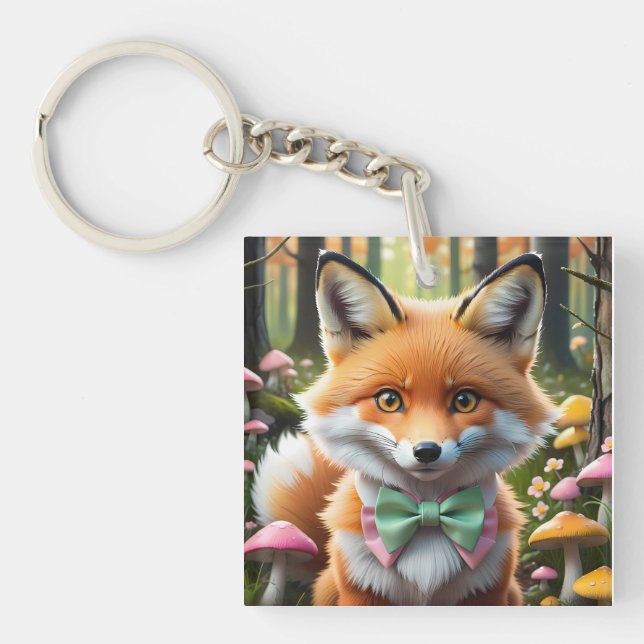 Cute Fox with a Green and Pink bow Keychain (Front)