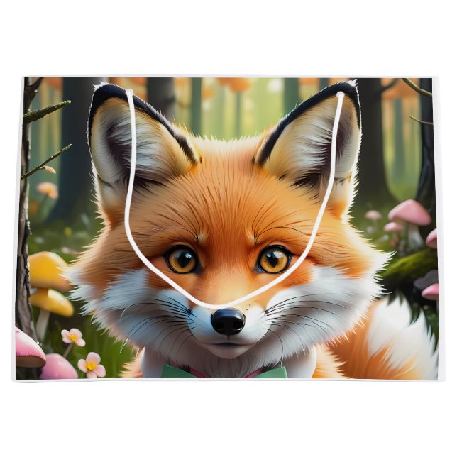 Cute Fox with a Green and Pink bow Large Gift Bag (Front)