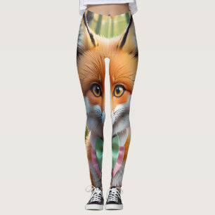 Cute Fox with a Green and Pink bow Leggings