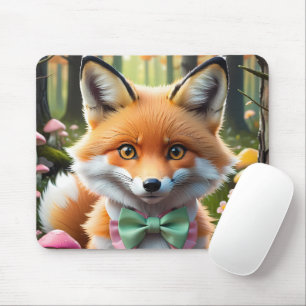 Cute Fox with a Green and Pink bow Mouse Pad