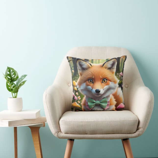 Cute Fox with a Green and Pink bow Throw Pillow (Chair)