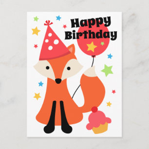Cute fox with balloon cupcake star happy birthday postcard
