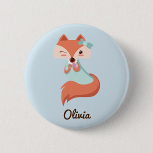 CUTE FOX WITH BLUE BOW  ADD YOUR NAME 2 INCH ROUND BUTTON