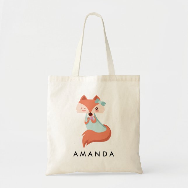Cute FOX WITH BLUE BOW AND MIRROR Personalized Tote Bag (Front)