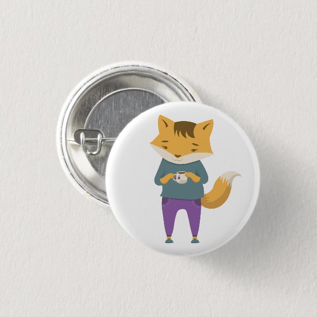 Cute fox with cup of tea 1 inch round button (Front & Back)