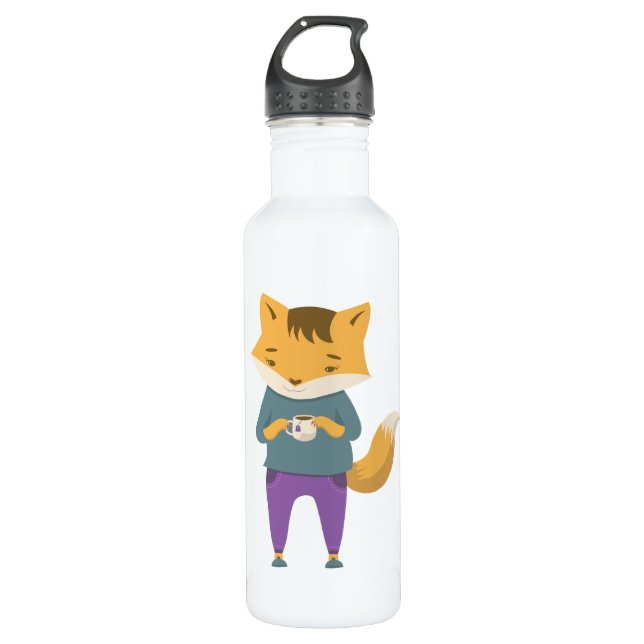 Cute fox with cup of tea 710 ml water bottle (Front)