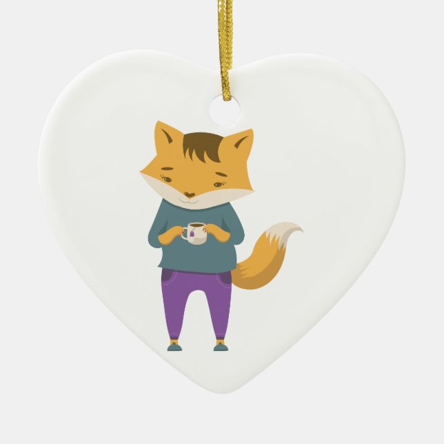 Cute fox with cup of tea ceramic ornament (Front)