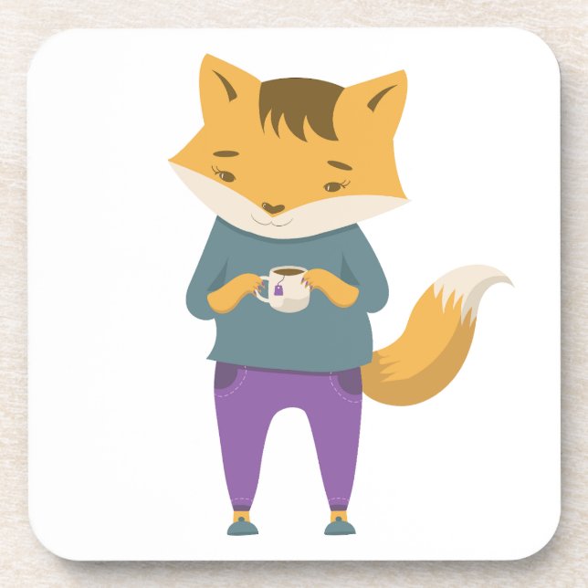 Cute fox with cup of tea coaster (Front)