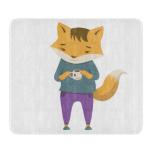 Cute fox with cup of tea cutting board