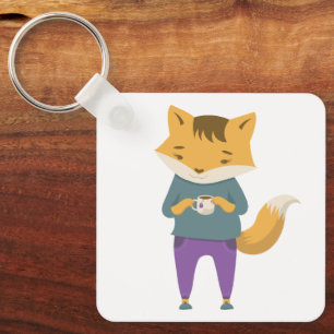 Cute fox with cup of tea keychain