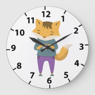 Cute fox with cup of tea large clock