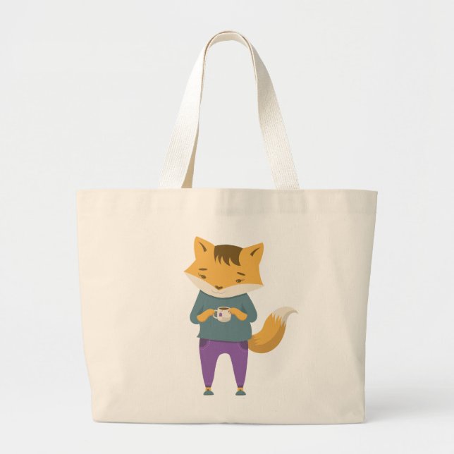 Cute fox with cup of tea large tote bag (Front)