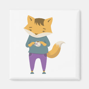 Cute fox with cup of tea magnet