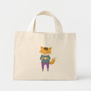Cute fox with cup of tea mini tote bag