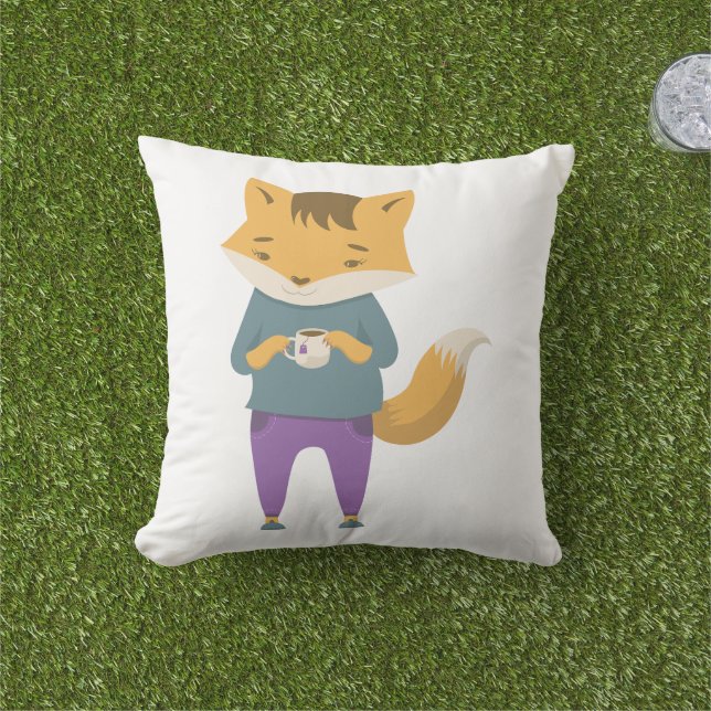 Cute fox with cup of tea outdoor pillow (Grass)