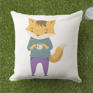 Cute fox with cup of tea outdoor pillow