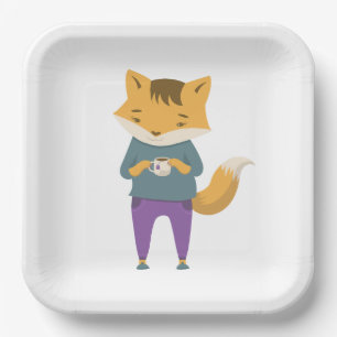 Cute fox with cup of tea paper plate