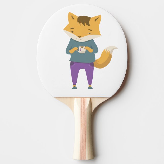 Cute fox with cup of tea ping pong paddle (Front)