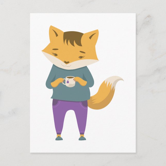 Cute fox with cup of tea postcard (Front)