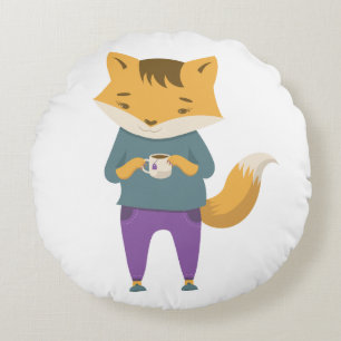 Cute fox with cup of tea round pillow
