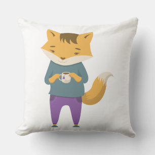 Cute fox with cup of tea throw pillow