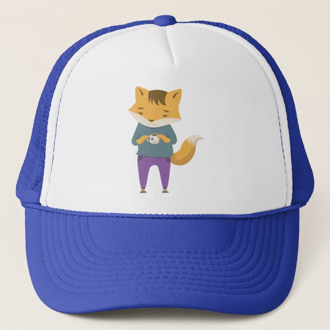 Cute fox with cup of tea trucker hat (Front)