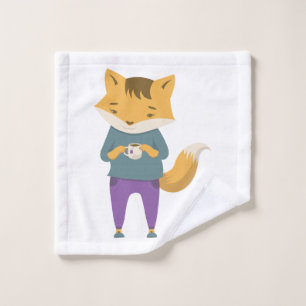 Cute fox with cup of tea wash cloth