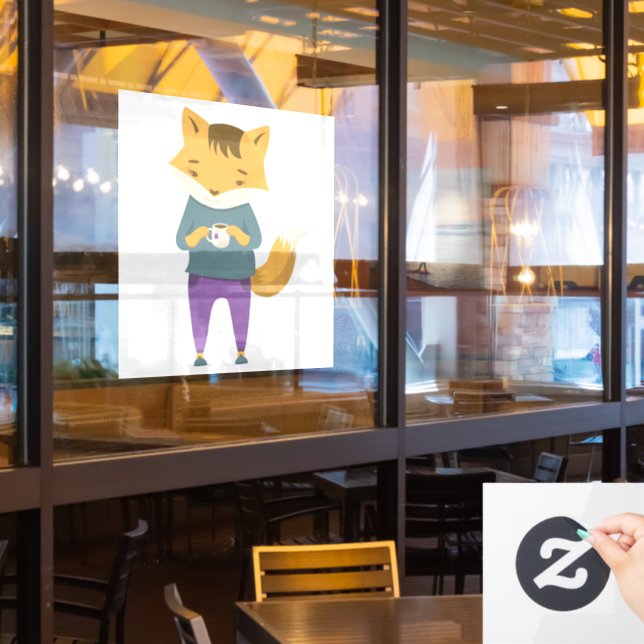 Cute fox with cup of tea window cling (Restaurant Window)