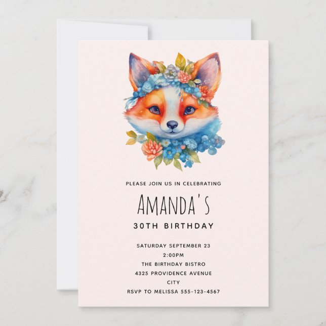 Cute Fox with Floral Crown Birthday Invitation (Front)
