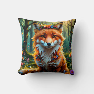 Cute Fox with Floral Crown Throw Pillow