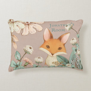 Cute Fox with Floral Wreath Script Nursery Accent Pillow