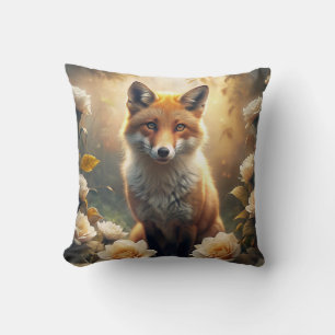 Cute Fox with Flowers Throw Pillow