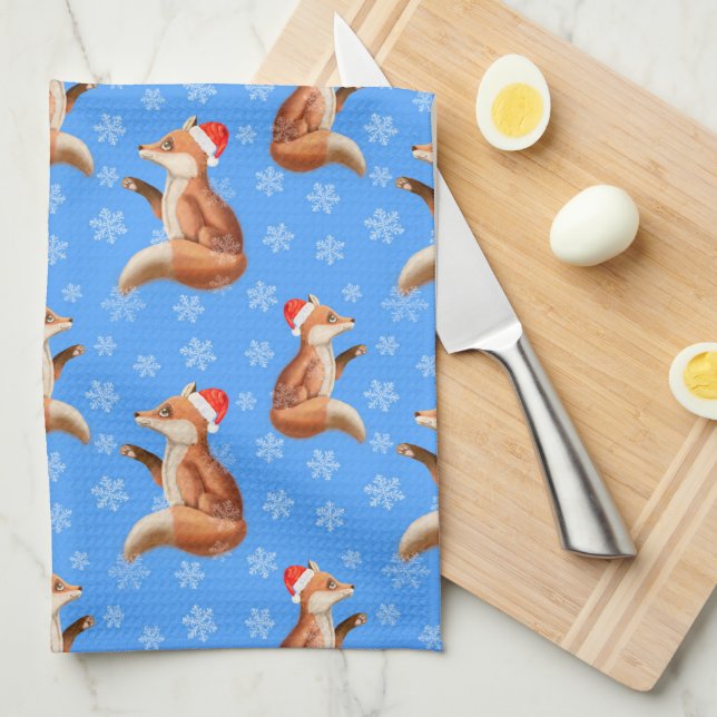 Cute Fox with Santa Hat Christmas Pattern Kitchen Towel (Quarter Fold)