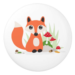 Cute fox with toadstool mushrooms ceramic knob