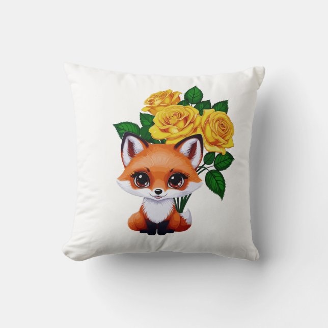 Cute Fox with Yellow Roses Throw Pillow (Front)